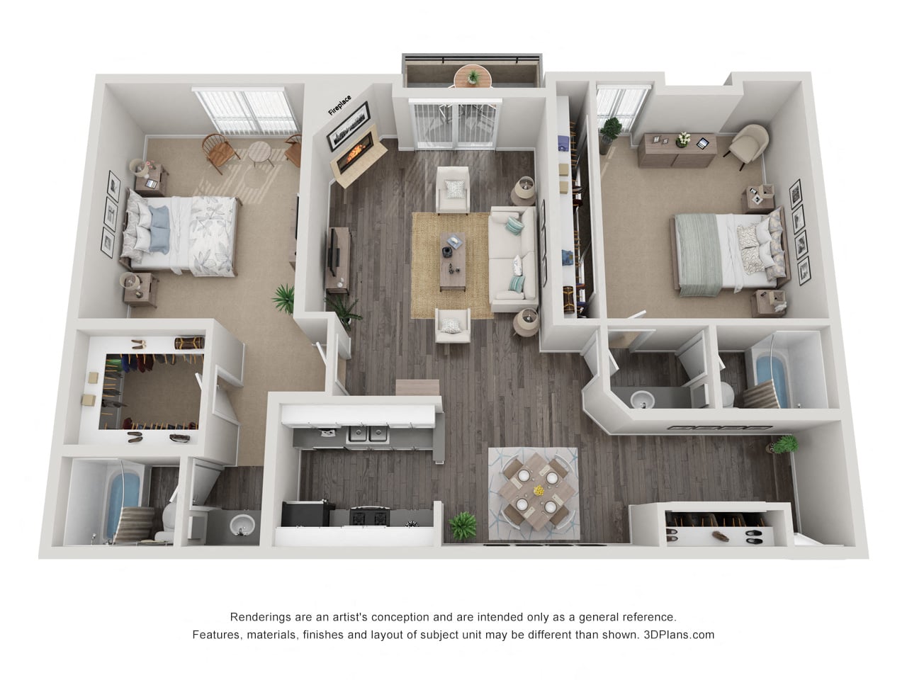 Floor plan for 2 beds, 2 baths, 1168 sqft